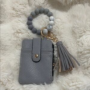 Gray Leather Card Holder with Tassel Keychain